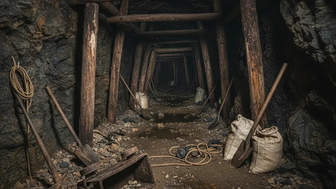 Túnel de mina artesanal mostrando las condiciones de trabajo en extracción de piedras naturales en países en desarrollo