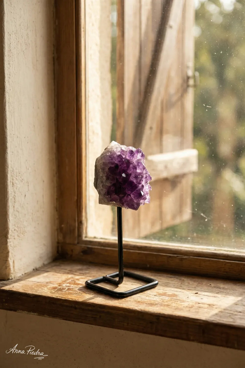 Geoda de amatista natural con soporte de hierro
