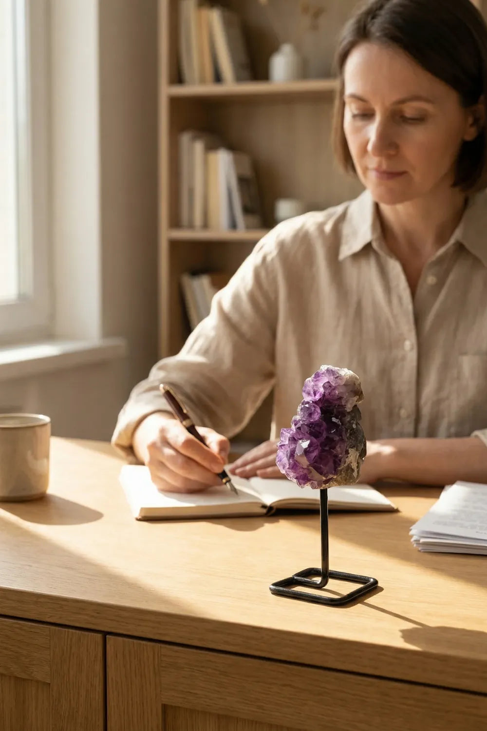 Geoda de amatista natural con soporte de hierro
