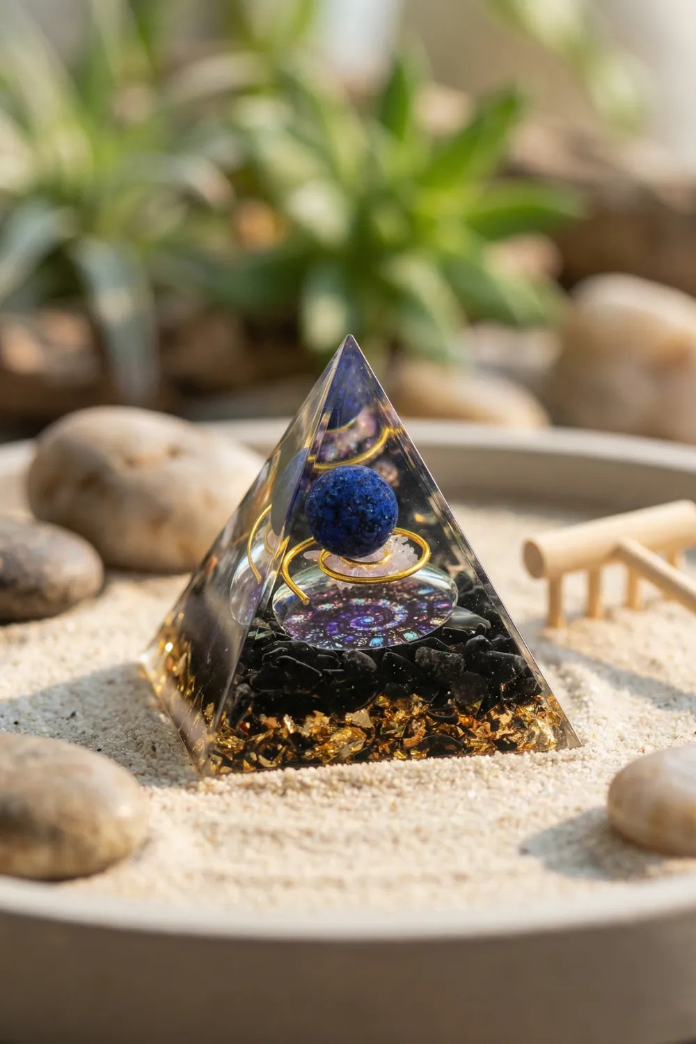 Pirámide de orgonita lapislázuli y obsidiana