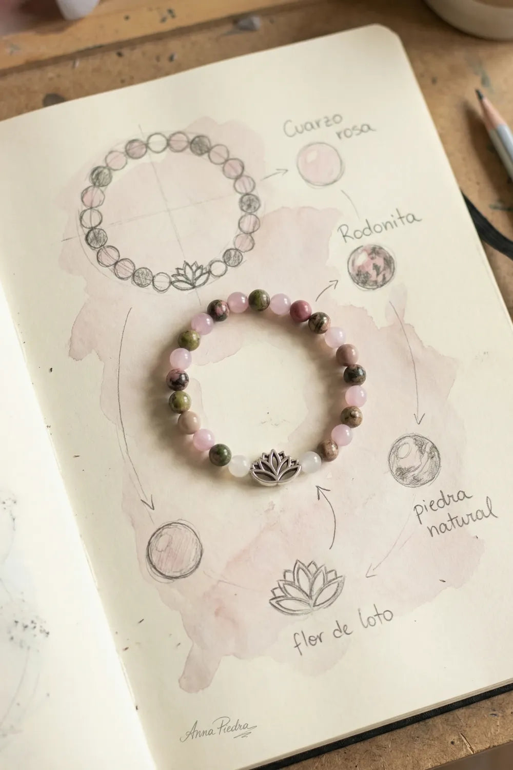 Pulsera flor de loto en plata con cuarzo rosa y rodonita