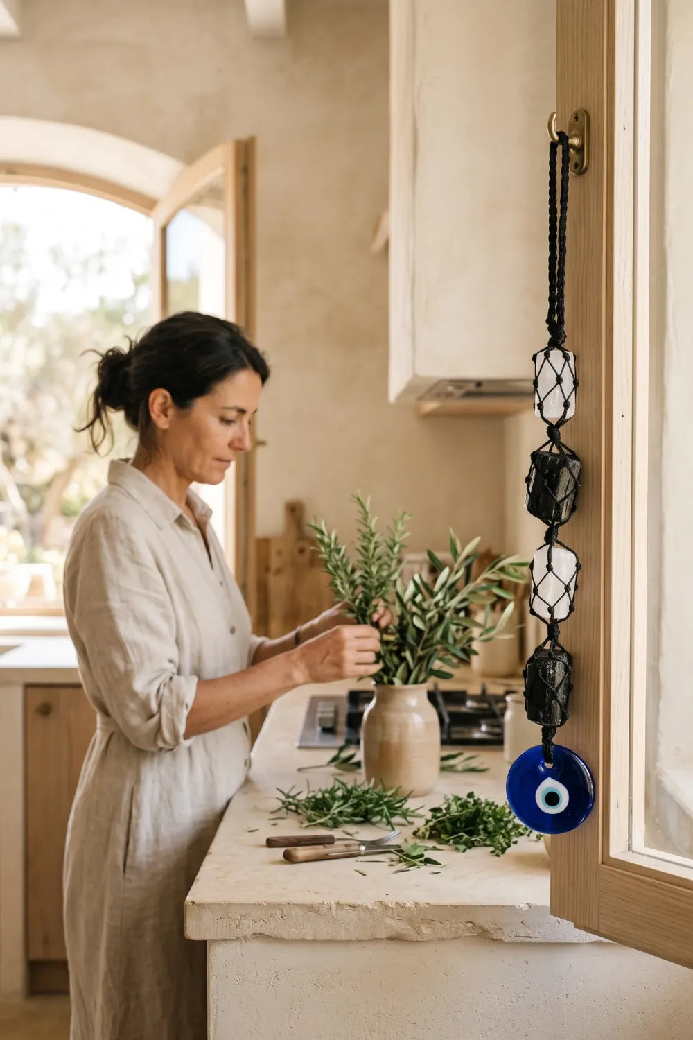 Amuleto de turmalina negra con piedras blancas de selenita y ojo turco azul colgado junto a una mujer preparando un ramo de hierbas en su cocina.