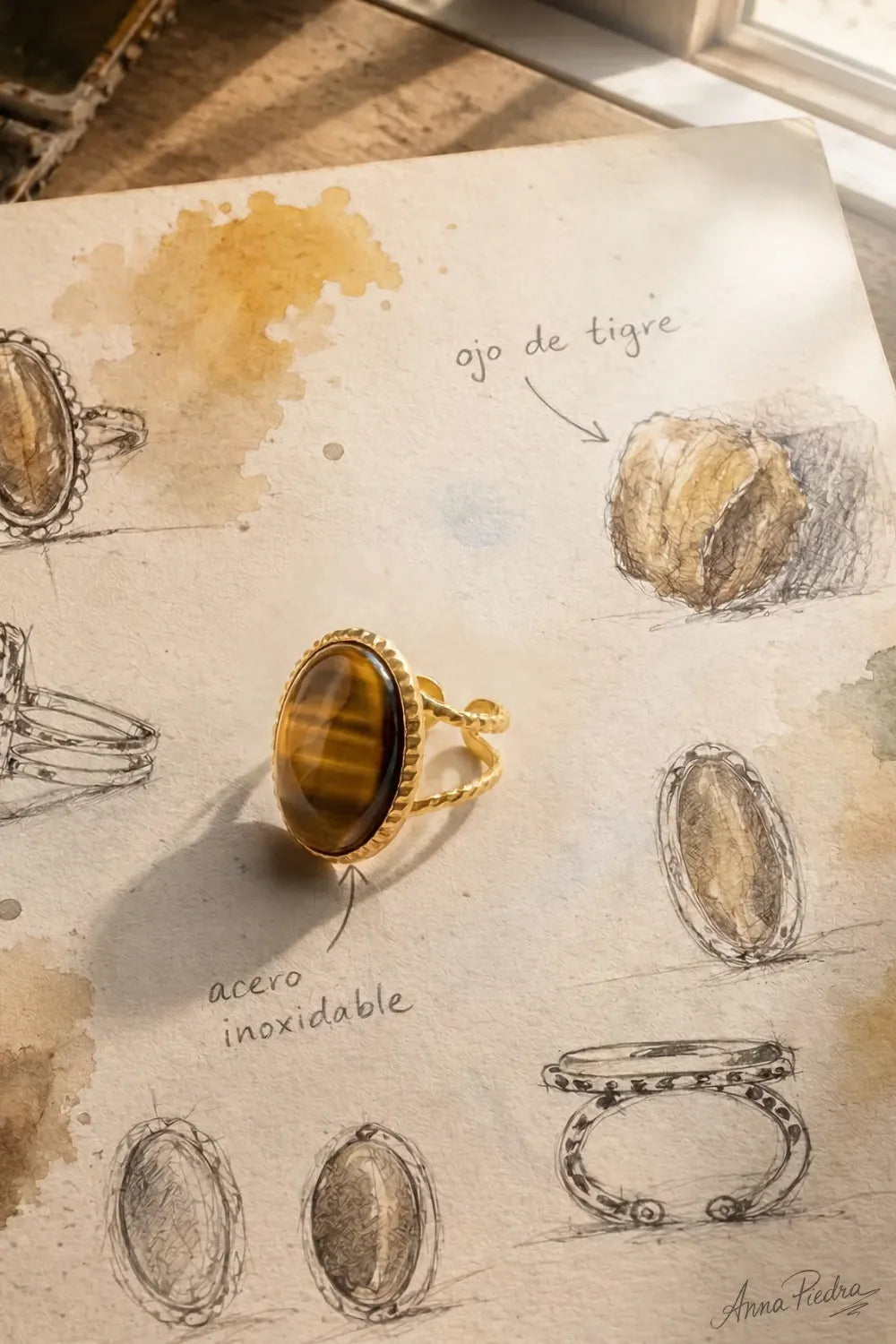 Anillo con ojo de tigre dorado sobre boceto artesanal de diseño de joyería - Anna Piedra