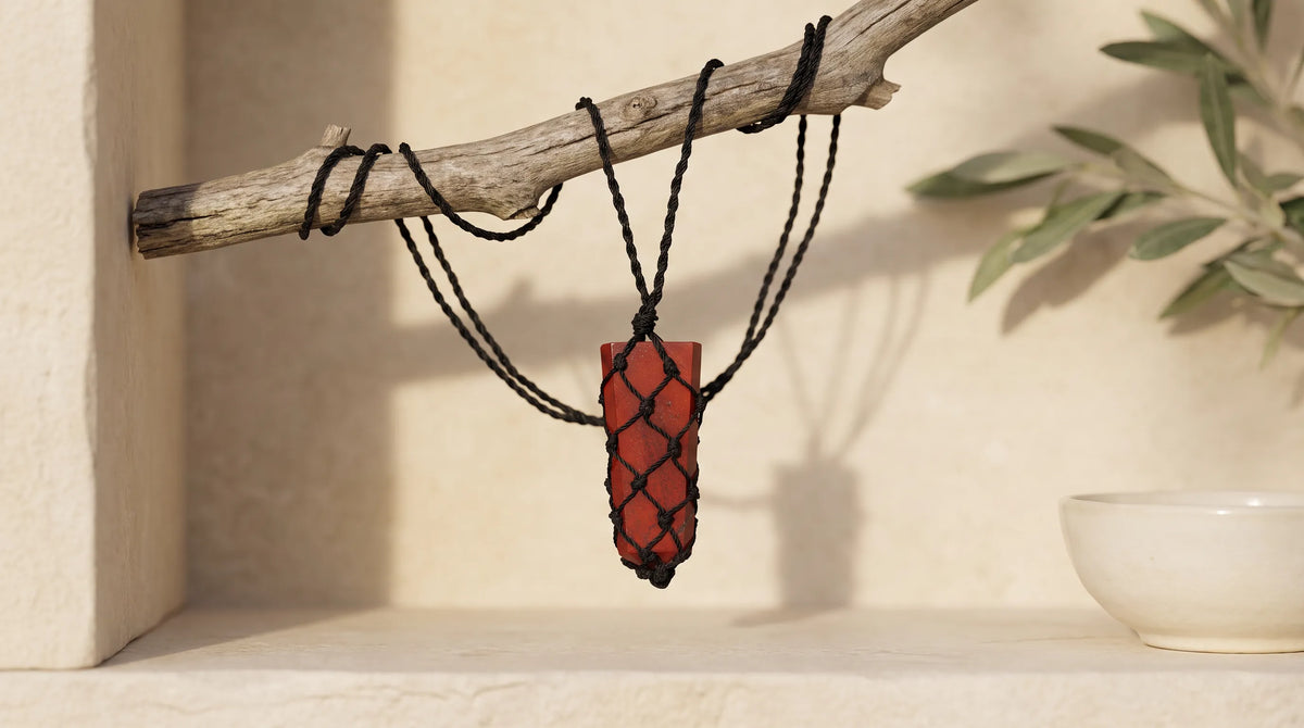 Colgante macramé de jaspe rojo colgado de una rama de madera en un ambiente cálido y natural.