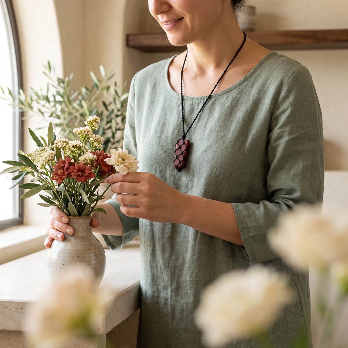 Mujer sosteniendo un ramo de flores mientras lleva un colgante macramé de jaspe rojo con cordón negro.