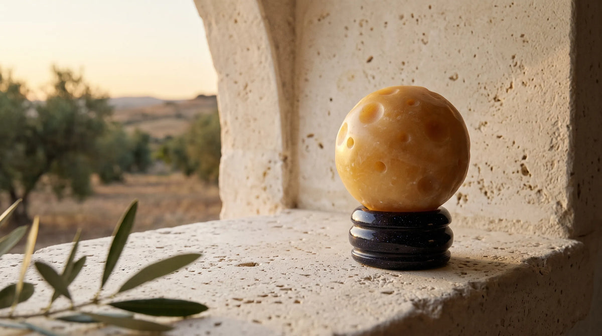 Esfera de jade amarillo Planeta Saturno colocada sobre una repisa de piedra junto a una ventana al atardecer.