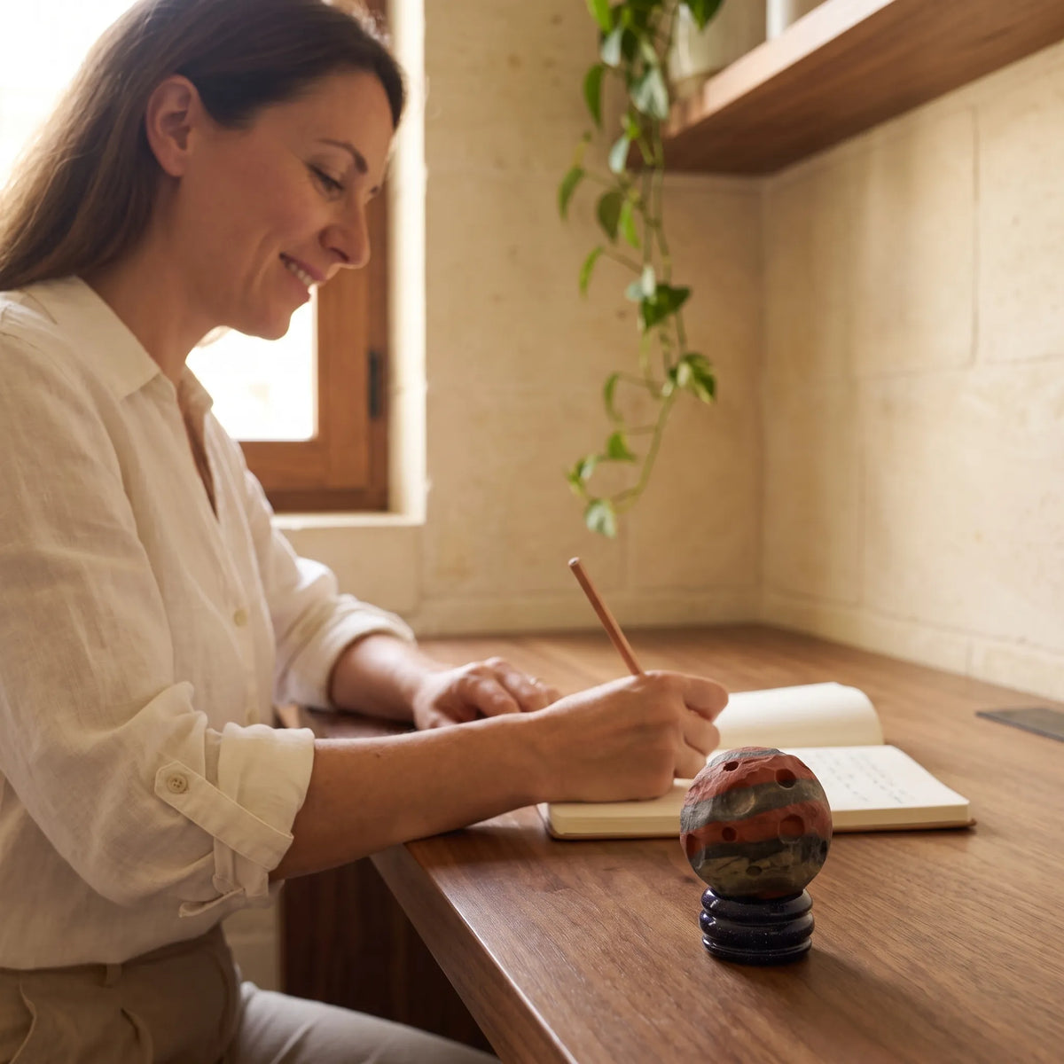Mujer escribiendo en un cuaderno junto al Planeta Marte de jaspe rojo sobre una mesa de madera.
