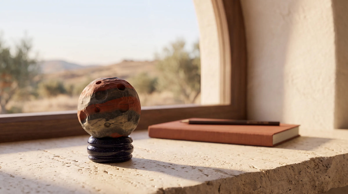 Planeta Marte de jaspe rojo colocado sobre su base, junto a una ventana con luz natural y un cuaderno al fondo.