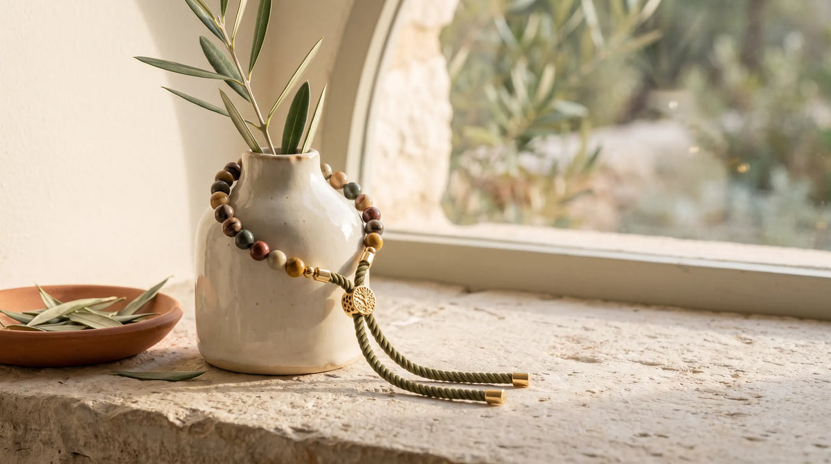 Pulsera de jaspe Picasso ajustable colocada sobre un jarrón de cerámica junto a una ventana con luz natural.