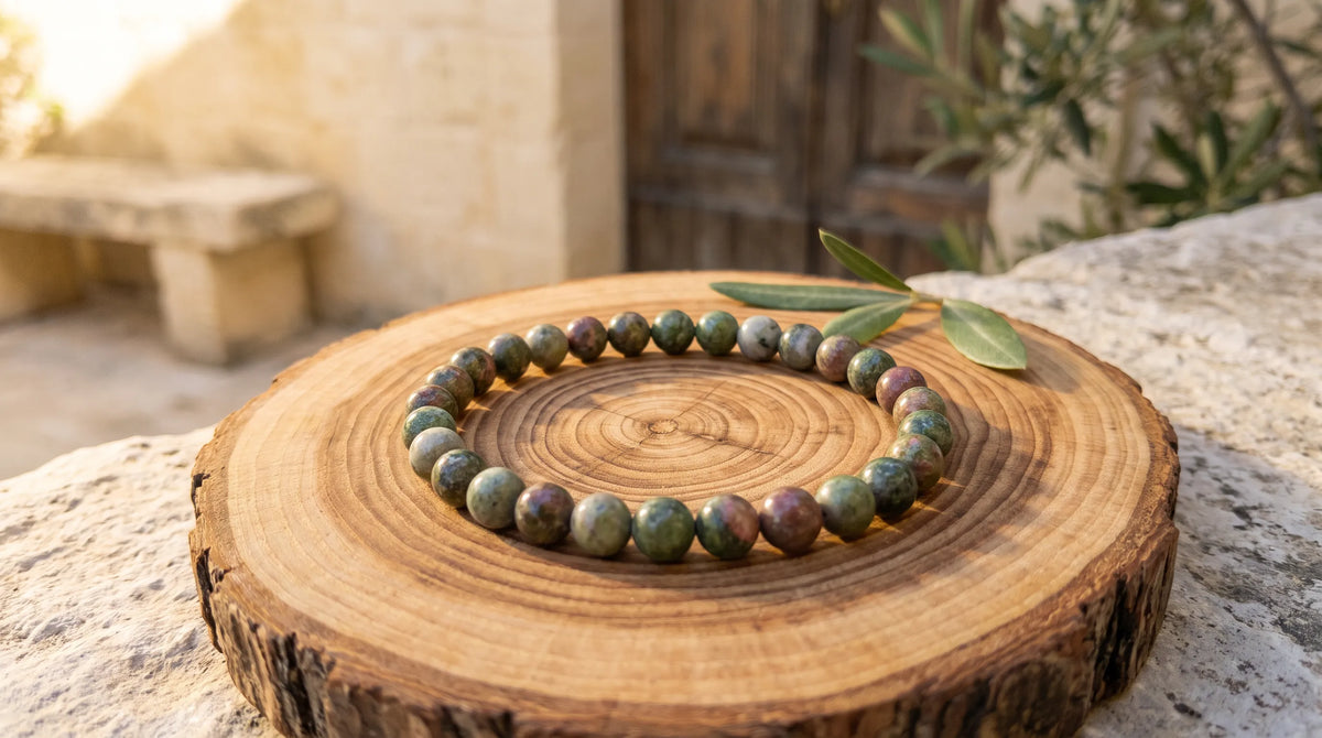 Pulsera de jaspe verde con cuentas redondas presentada sobre una base de madera natural.