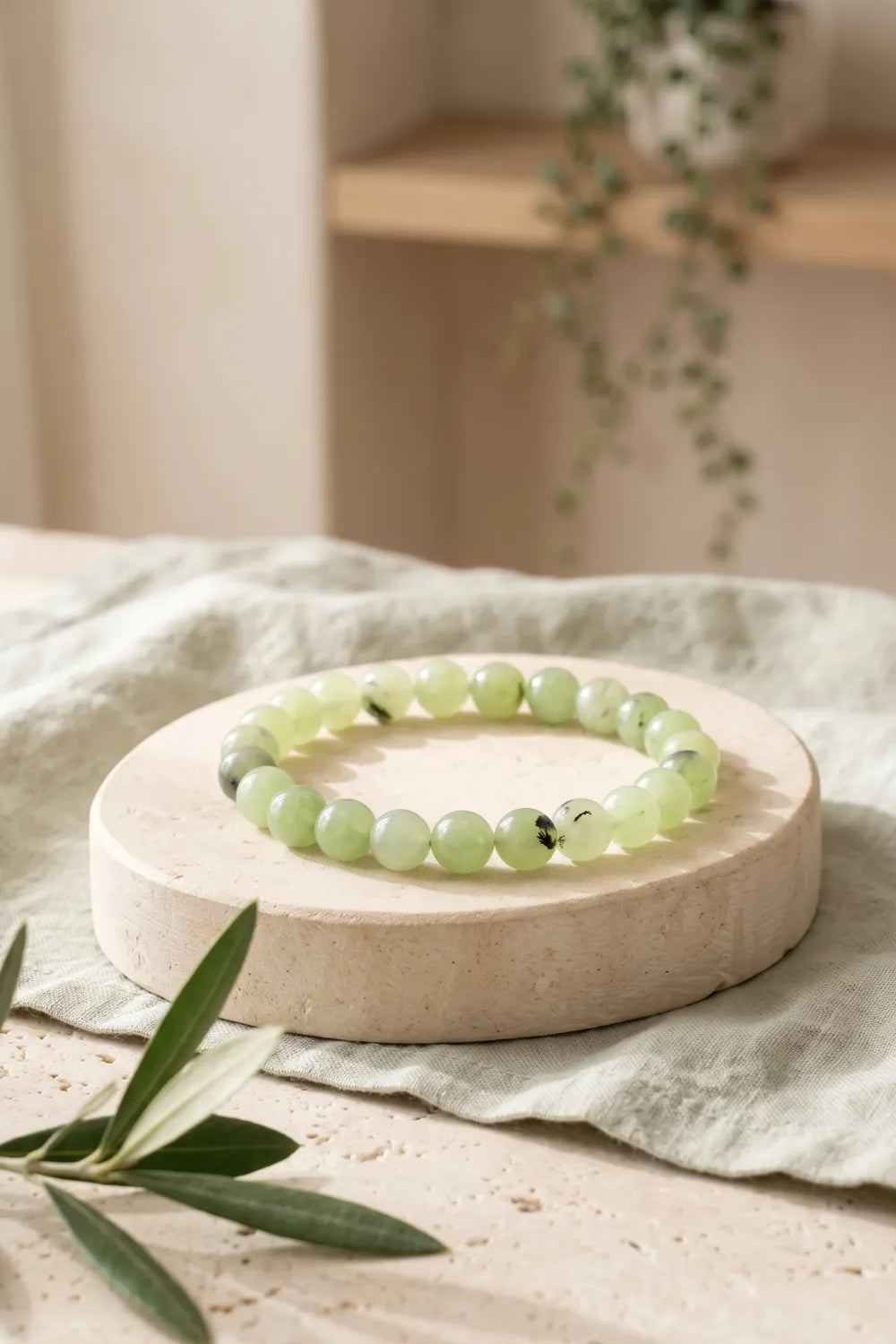 Pulsera de jade verde sobre una base redonda de piedra en un ambiente natural y luminoso.