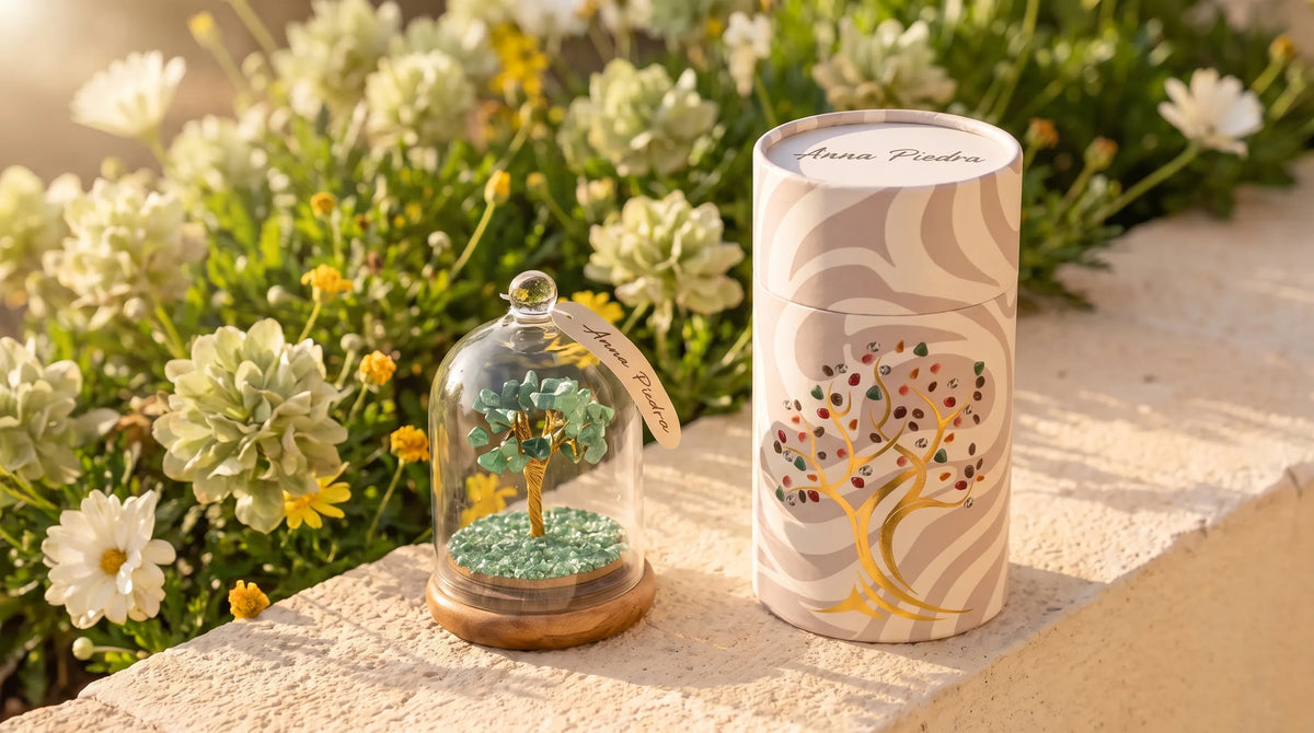 Árbol de la Vida de Aventurina verde bajo cúpula de vidrio con base de madera, junto a su caja de regalo en un jardín floral – Anna Piedra