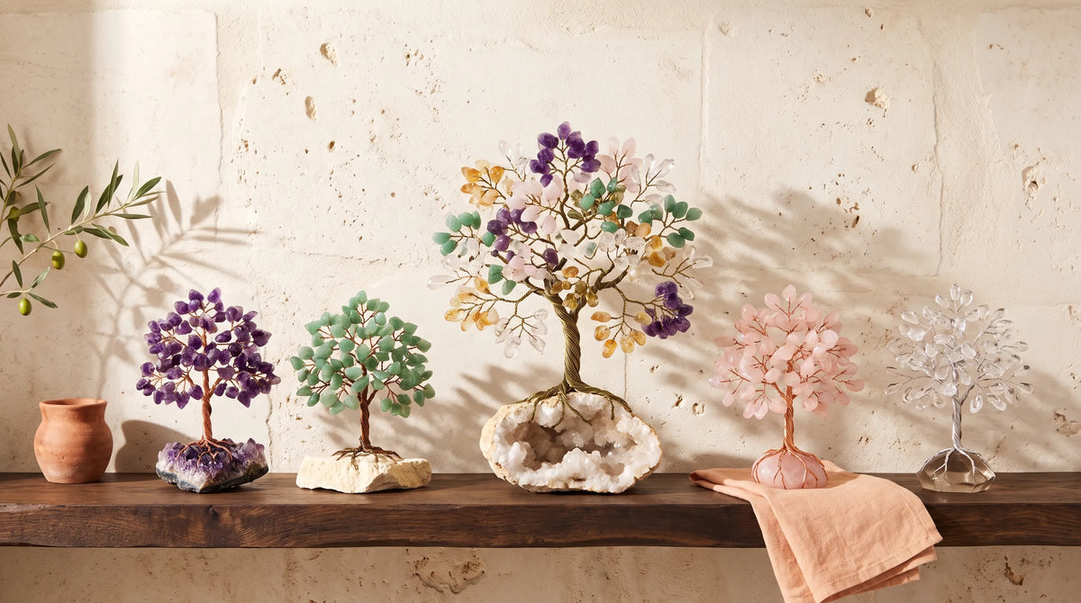 Colección de árboles de la vida con piedras naturales de amatista, cuarzo rosa, cuarzo transparente y piedras verdes anna piedra