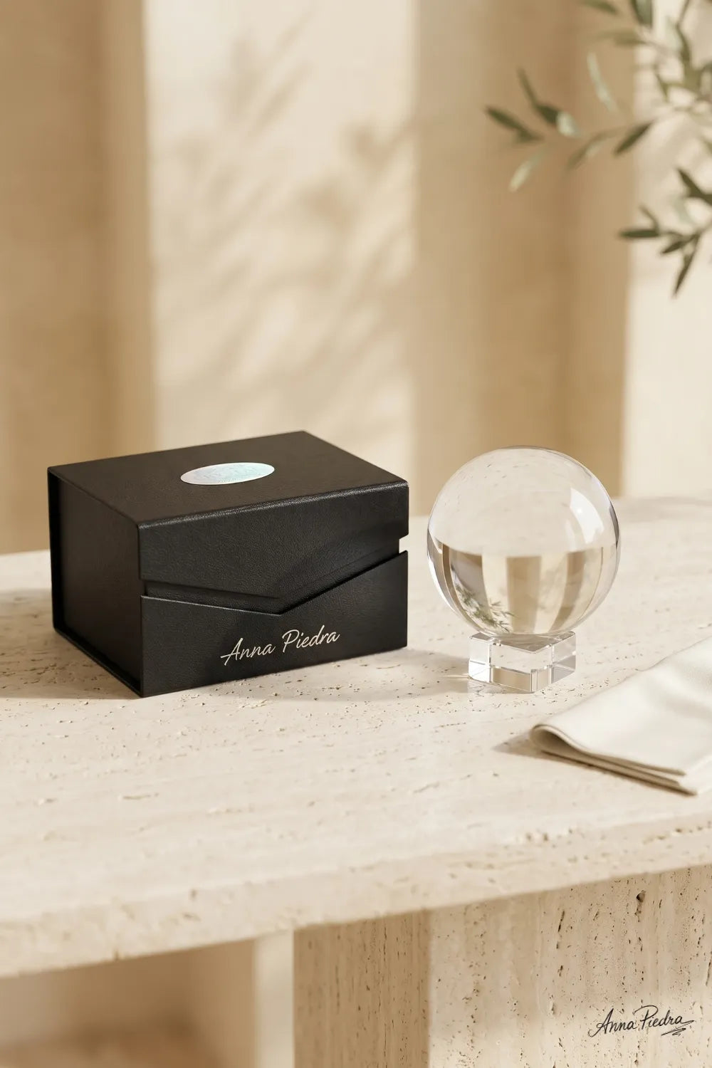 Bola de cristal transparente con soporte cuadrado y caja de presentación negra Anna Piedra sobre piedra natural.