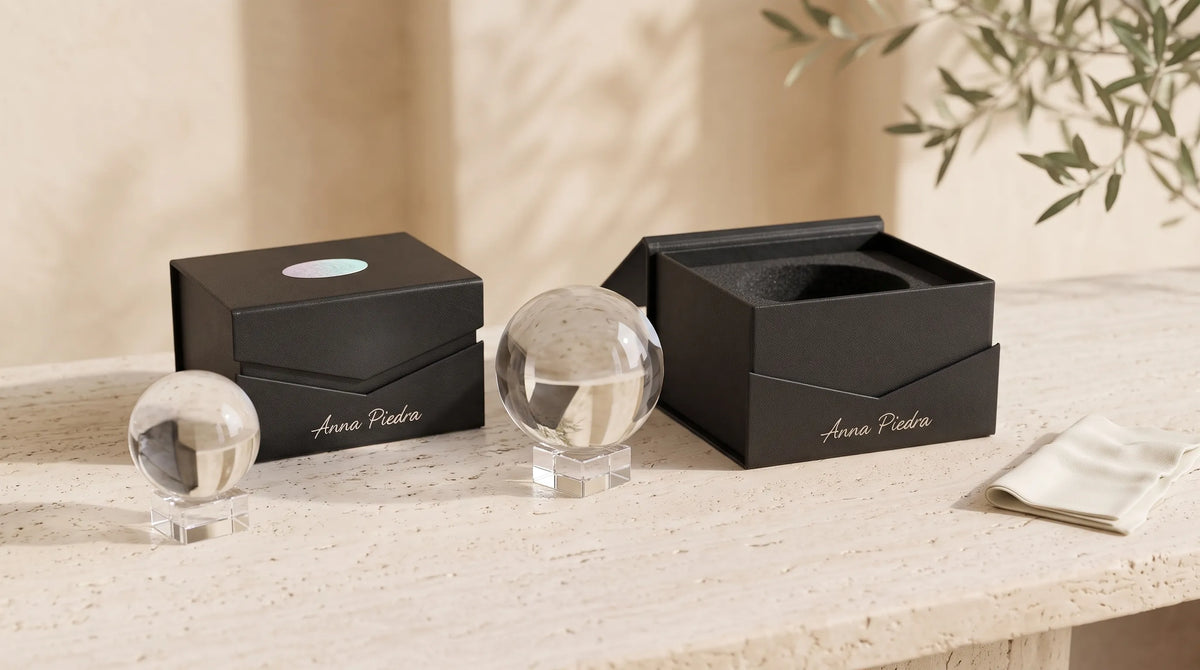 Dos bolas de cristal decorativas de distintos tamaños con soportes transparentes y cajas negras de presentación – Anna Piedra.