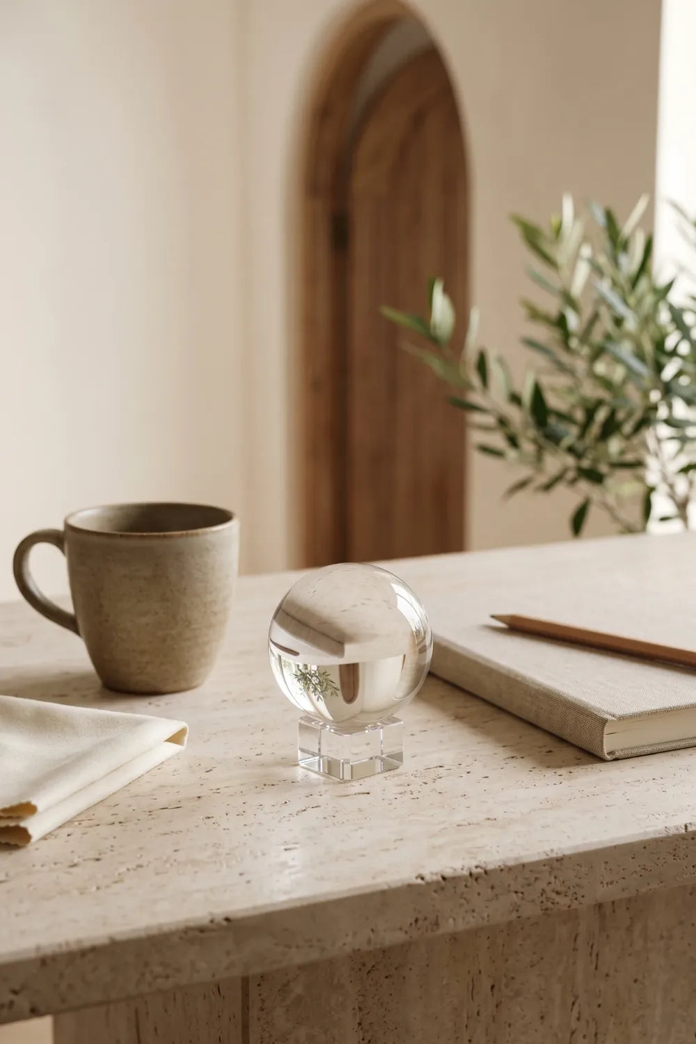 Bola de cristal decorativa transparente sobre soporte cúbico junto a una taza y un cuaderno en una mesa de piedra – Anna Piedra.