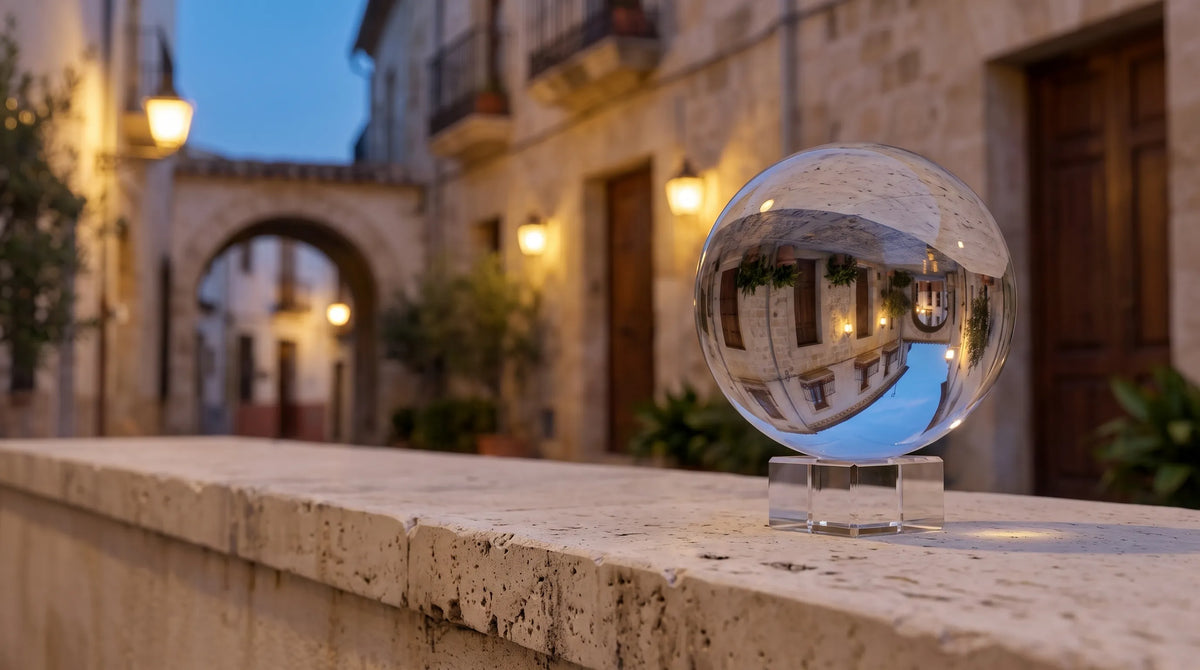 Bola de cristal para fotografía sobre soporte transparente que refleja una calle antigua iluminada al atardecer.
