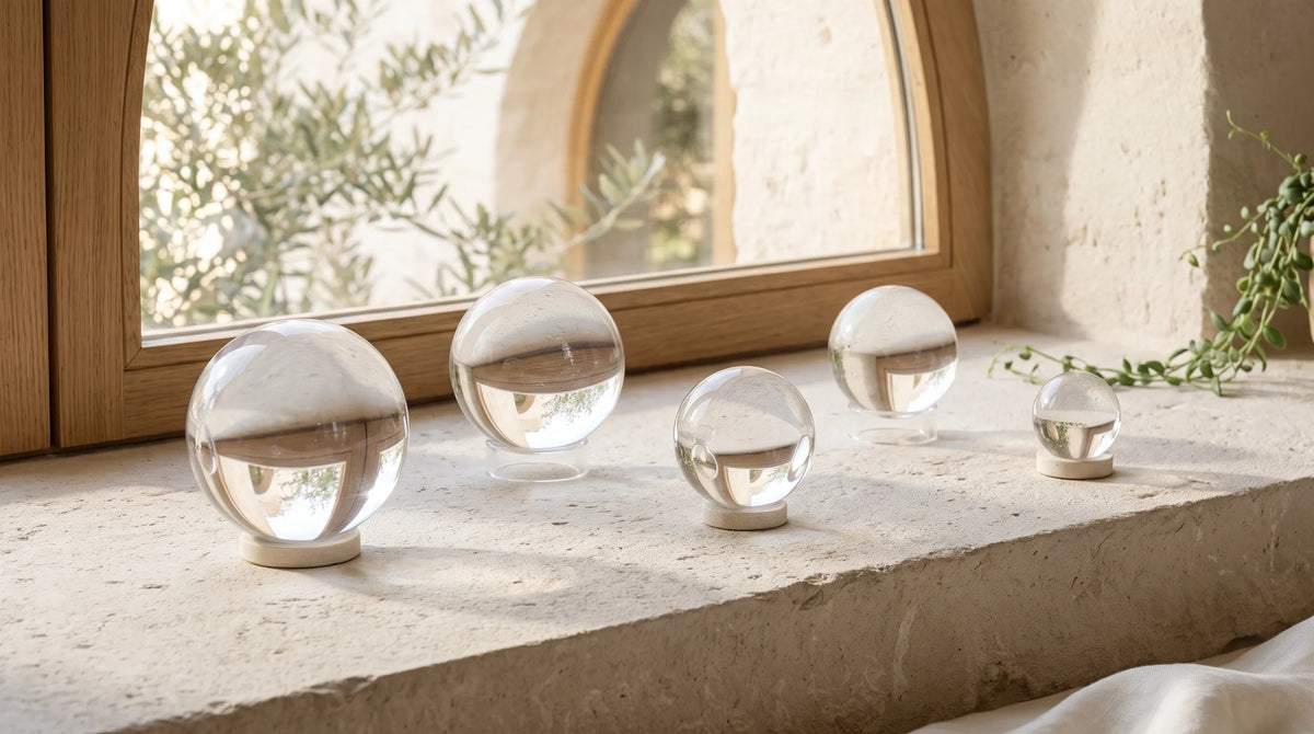 Cinco bolas de cristal transparente de diferentes tamaños sobre bases blancas en una repisa de piedra natural junto a una ventana mediterránea.