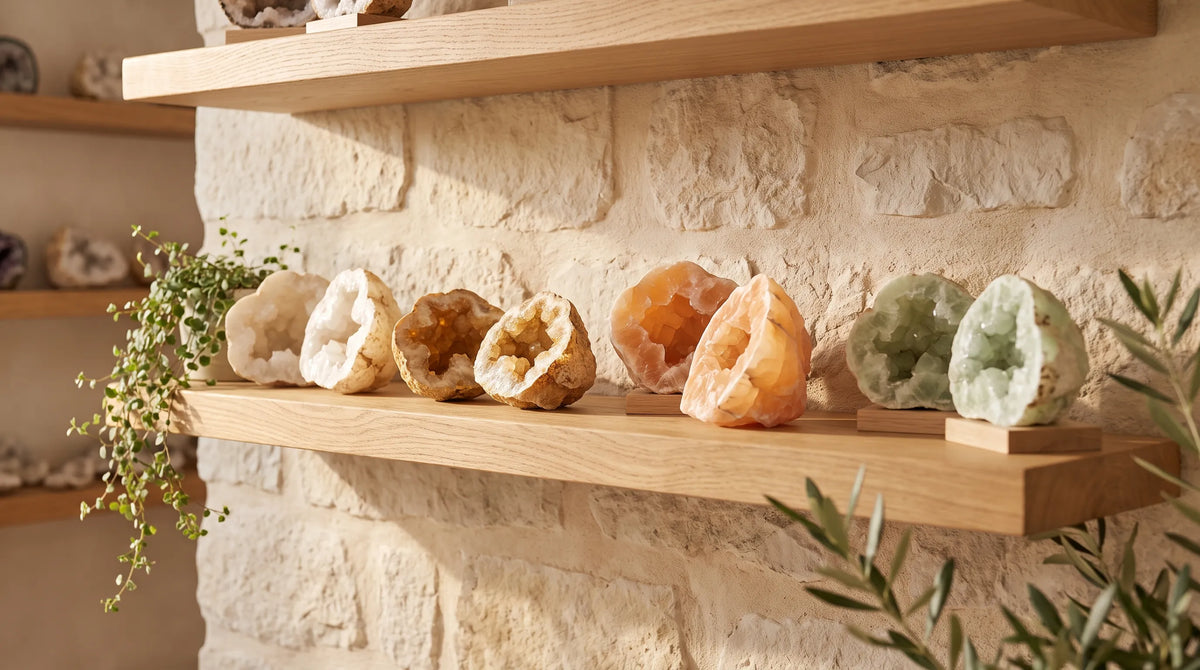 Piezas de calcita natural en tonos blanco, naranja y verde expuestas sobre una estantería de madera. anna piedra