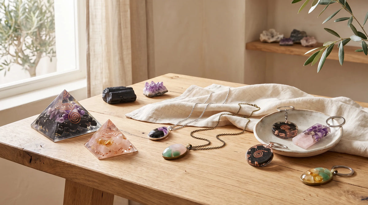 Colección de orgonita con pirámides, collares y llaveros de piedras naturales sobre una mesa de madera. anna piedra