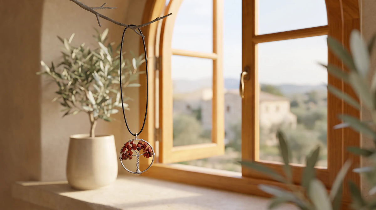 Collar de jaspe rojo Árbol de la Vida con piedras rojizas, estructura circular plateada y cordón negro, suspendido junto a una ventana – Anna Piedra
