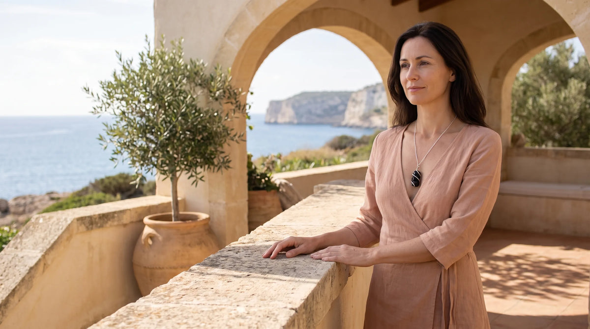 Mujer llevando un collar de ónix negro en bruto en una terraza de piedra con vistas al mar. anna piedra