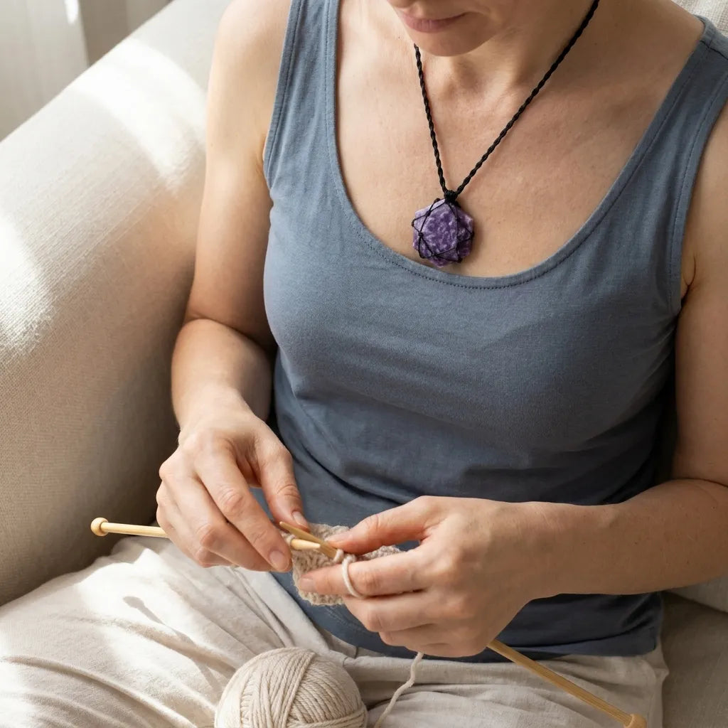 Mujer llevando un collar hexagonal de lepidolita natural mientras teje