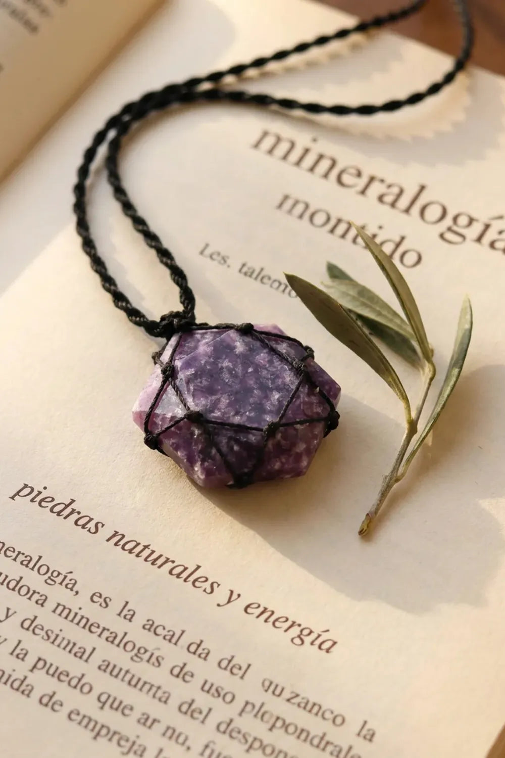 Collar hexagonal de lepidolita natural sobre un libro junto a una rama de olivo