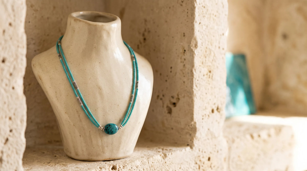 Collar de turquesa de dos vueltas expuesto sobre busto beige, con pequeñas cuentas azules, detalles plateados y piedra central ovalada.