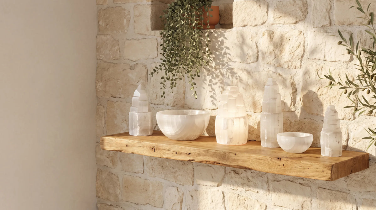 Collection de torres y cuencos de selenita natural sobre una estantería de madera