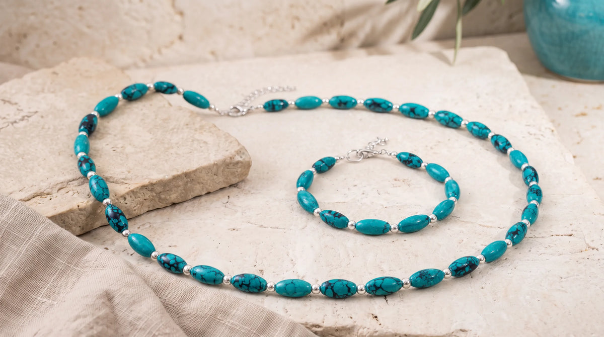 Conjunto de collar de 50 cm y pulsera de turquesa con separadores plateados