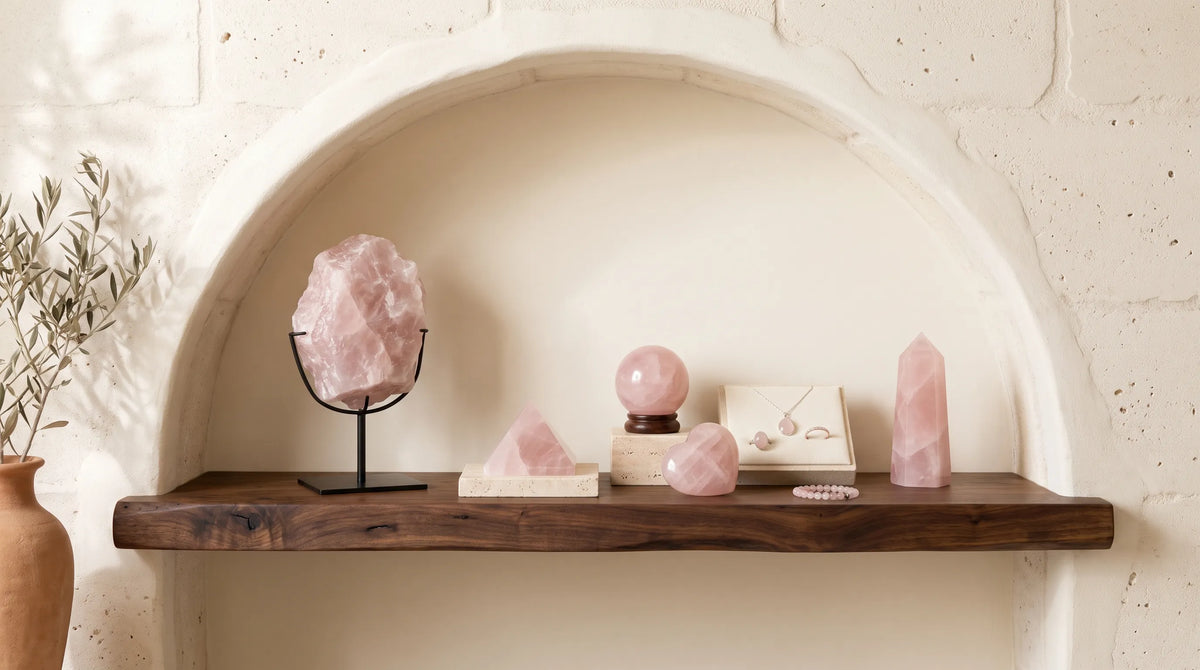 Colección de cuarzo rosa con piedra bruta, esfera, pirámide, punta, collar, anillo y pulsera anna piedra