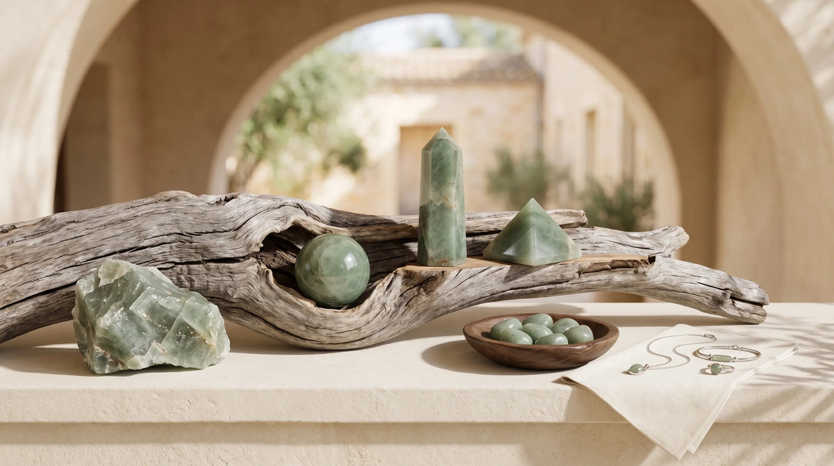 Colección de cuarzo verde con piedra bruta, esfera, punta, pirámide, collar, anillos y pulsera  anna piedra