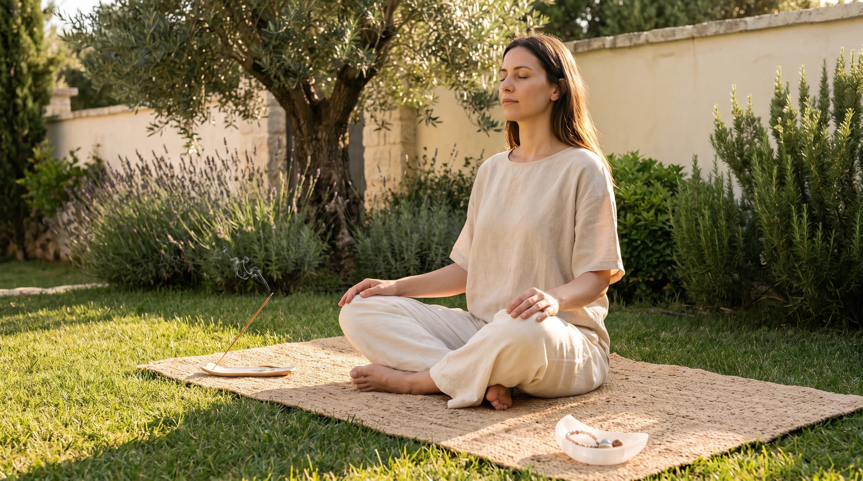 Mujer meditando en un jardín con incienso encendido junto a su cuenco de selenita luna con pulseras - Anna Piedra