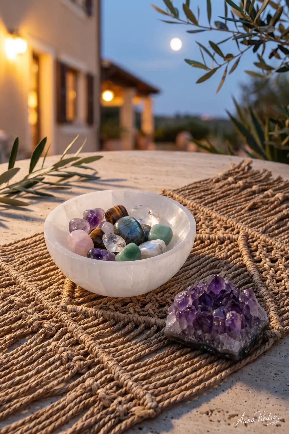 Cuenco de selenita con cristales naturales de colores y geoda amatista al atardecer - Anna Piedra
