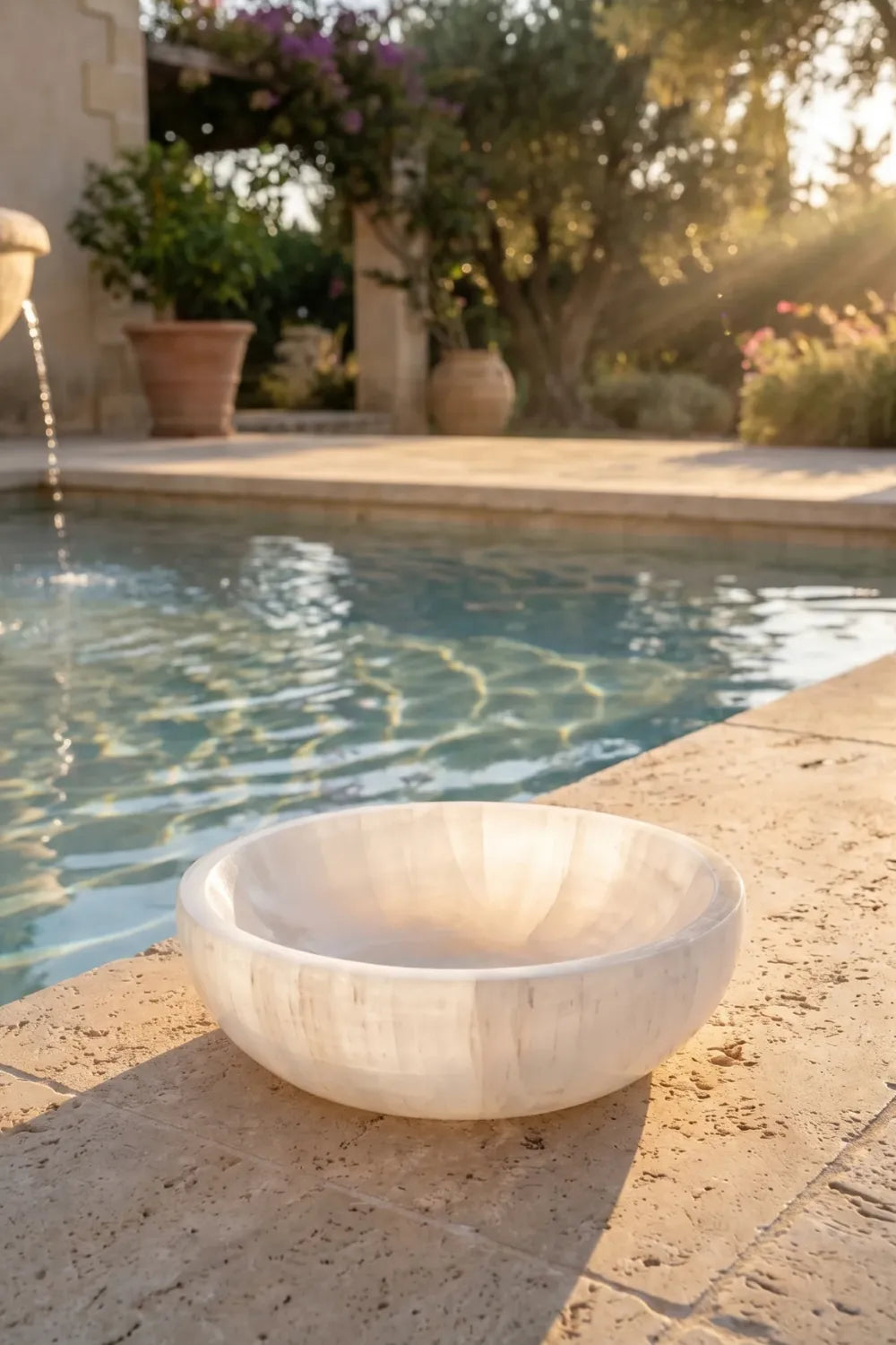 Cuenco de selenita grande blanco junto a piscina al atardecer - Anna Piedra