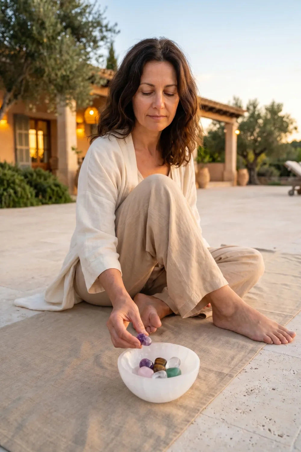 Mujer meditando con cuenco de selenita y cristales naturales al atardecer - Anna Piedra