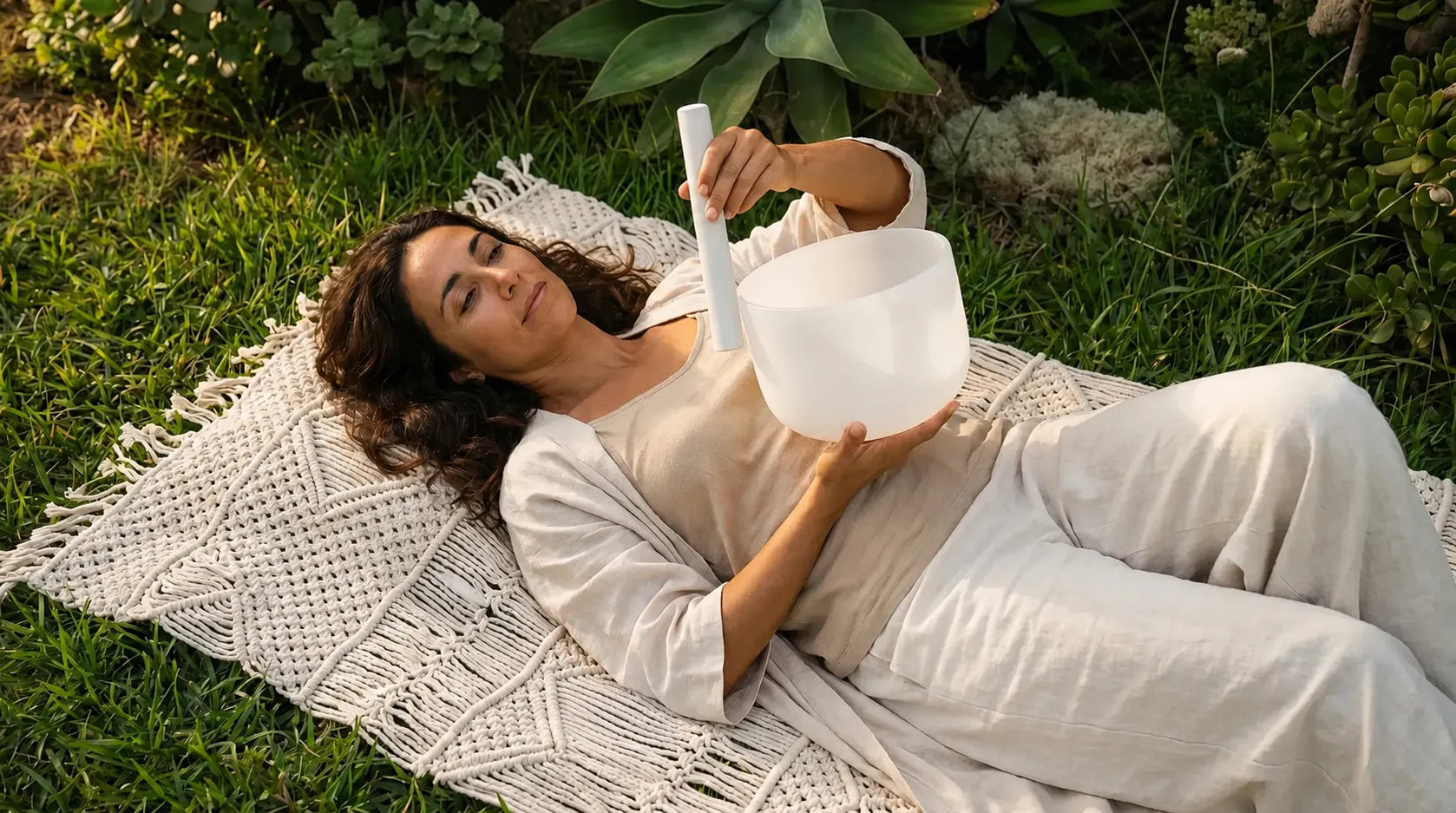 Mujer tumbada sobre tapete de macramé en la hierba sosteniendo un cuenco de cuarzo blanco para meditación y bienestar - Anna Piedra