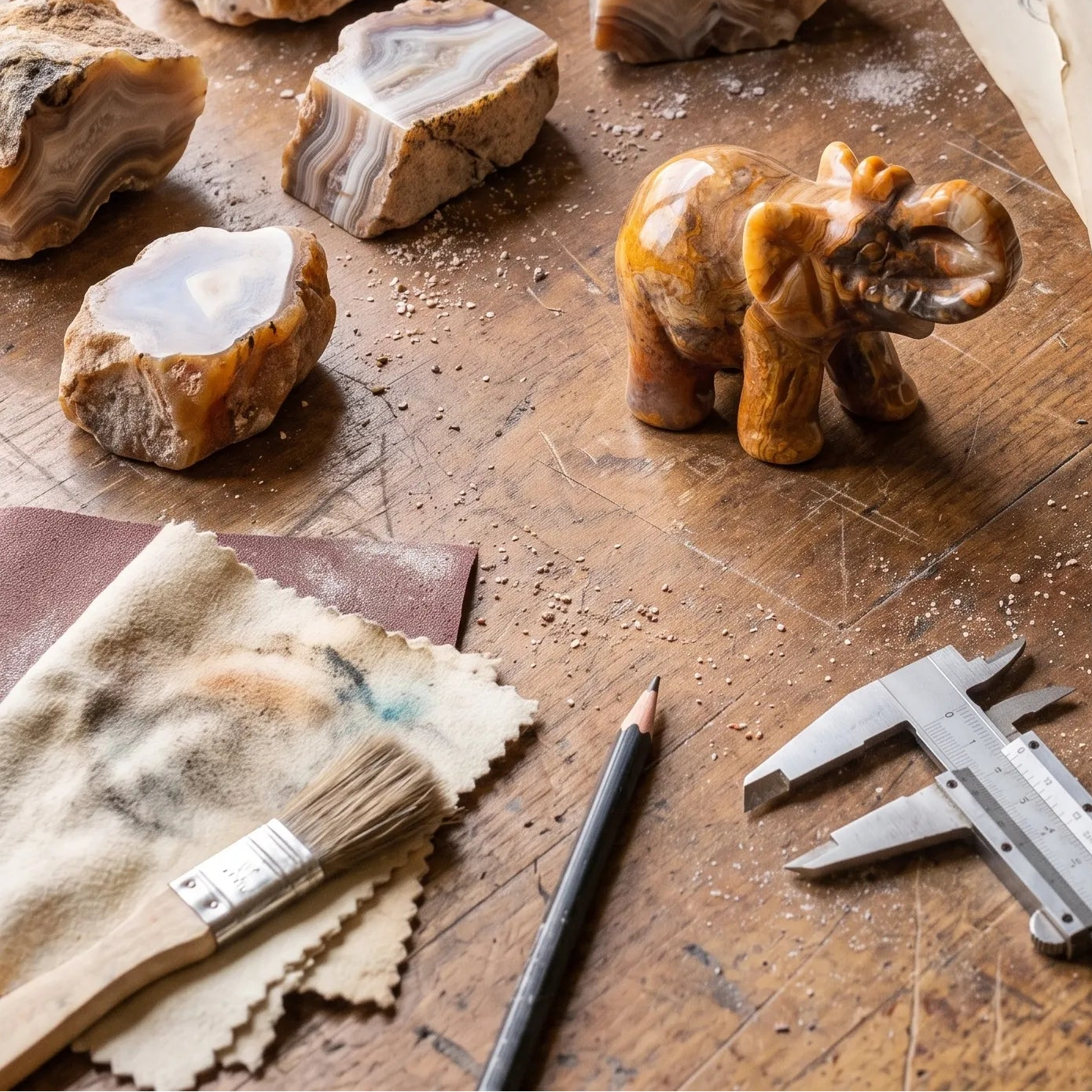 Elefante de la suerte en ágata encaje loco junto a piedras en bruto y herramientas de tallado artesanal - Anna Piedra