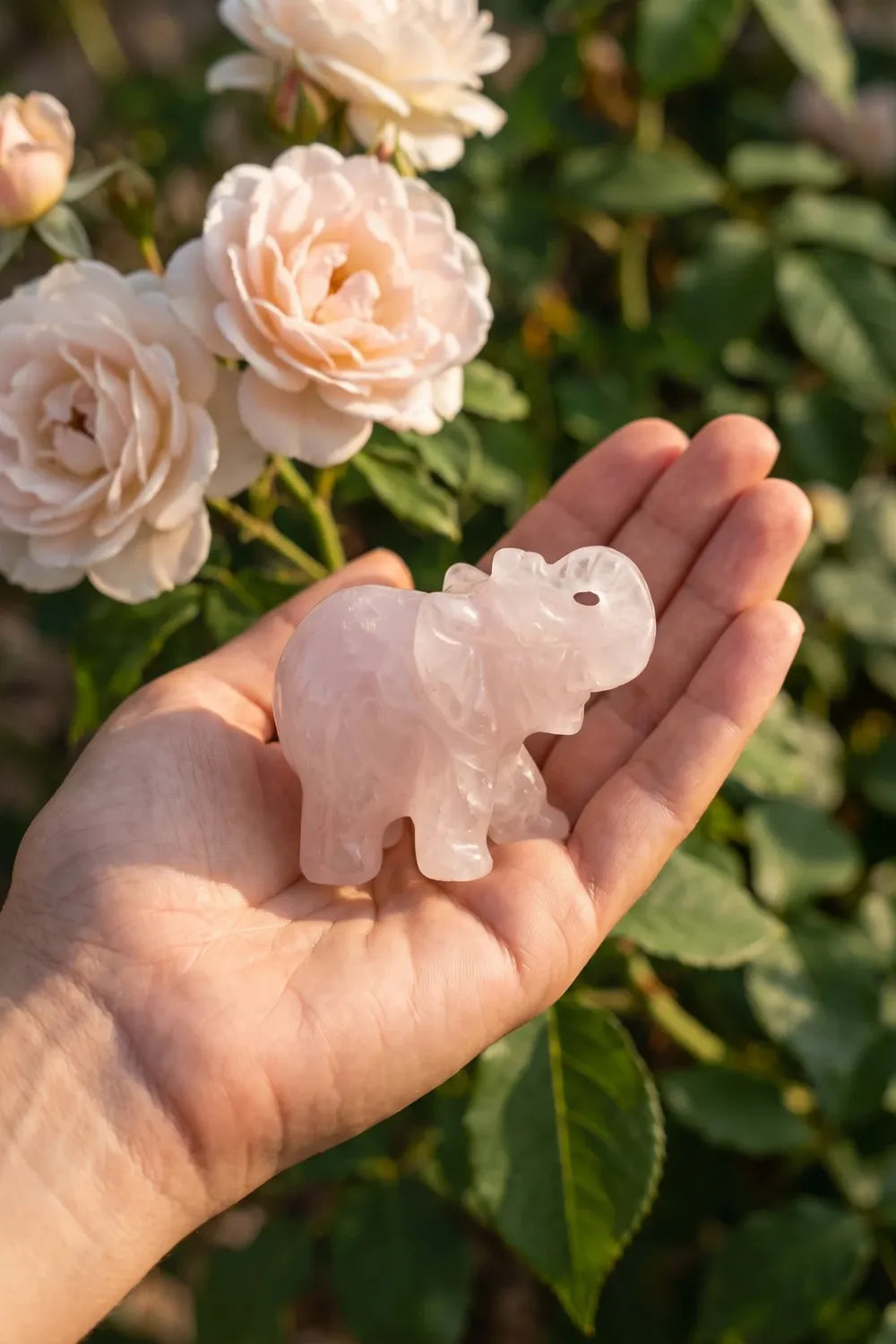Mano sosteniendo el elefante de la suerte de cuarzo rosa junto a rosas en un jardín - Anna Piedra