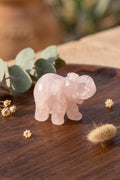 Elefante de la suerte tallado en cuarzo rosa sobre un plato de madera con eucalipto y flores secas - Anna Piedra