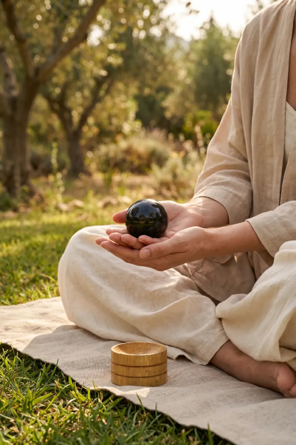 Esfera de turmalina negra sostenida en la mano de mujer meditando en jardín - Anna Piedra
