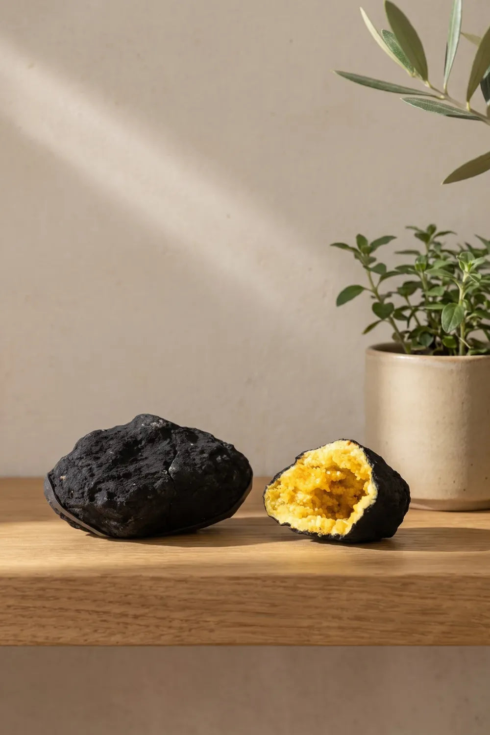 Geoda de calcita amarilla abierta junto a una planta sobre un mueble de madera en un interior luminoso. anna piedra