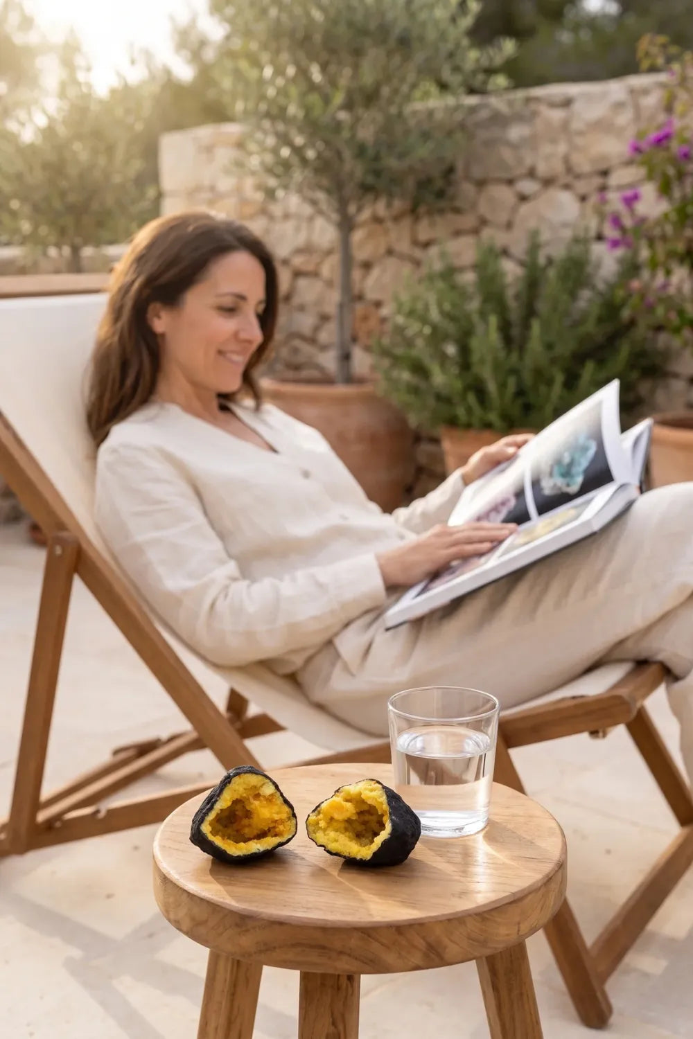 Geoda de calcita amarilla sobre un pequeño taburete de madera junto a un vaso de agua, con una mujer relajándose en una terraza mediterránea. anna piedra