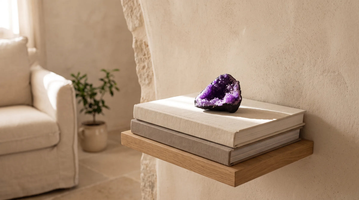 Geoda de calcita morada colocada sobre libros en una estantería de madera de un interior luminoso y natural. anna piedra
