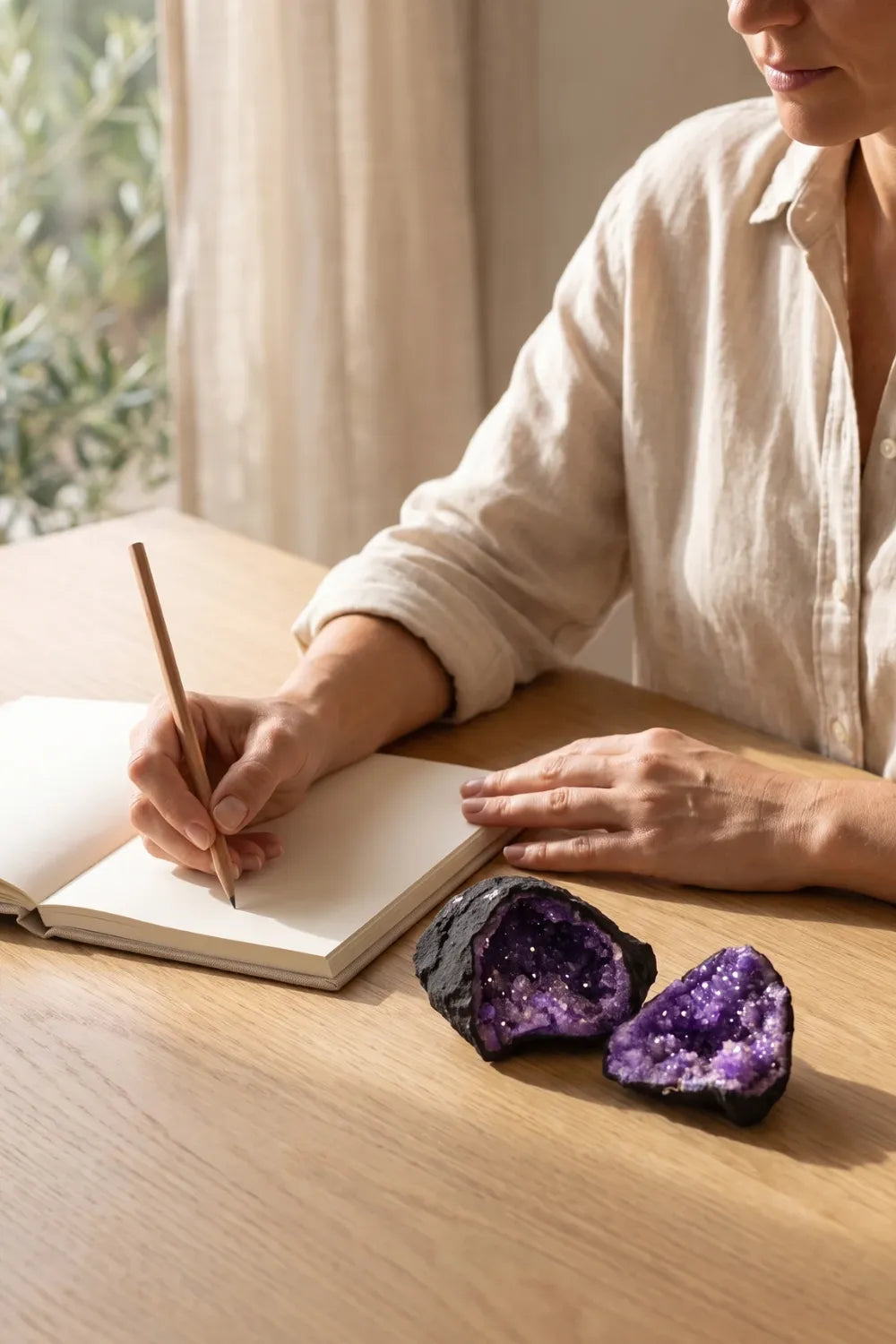 Geoda de calcita morada sobre una mesa de madera junto a una mujer escribiendo en un cuaderno. anna piedra