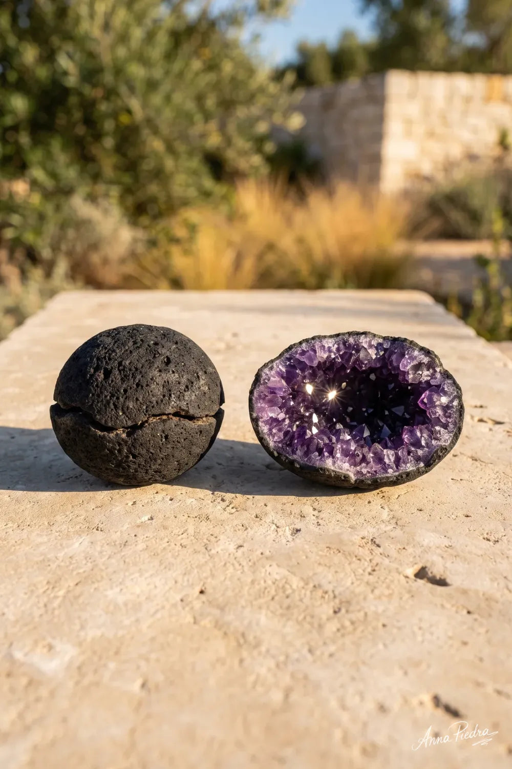 Geoda de calcita morada abierta junto a su exterior oscuro sobre una superficie de piedra al aire libre. anna piedra