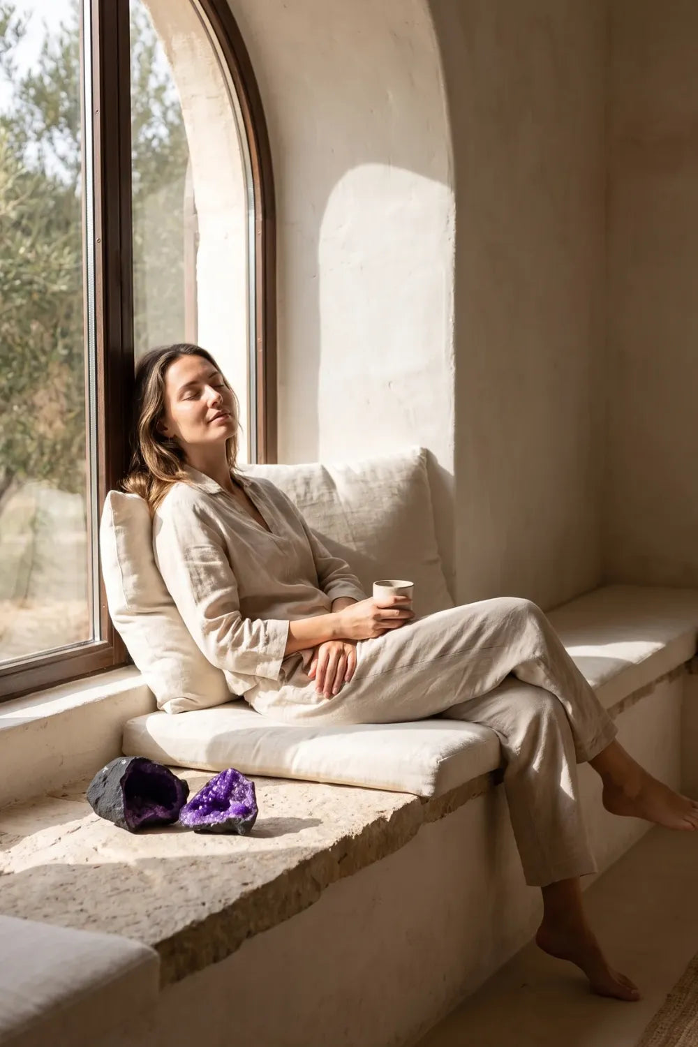 Mujer relajándose junto a una ventana con una geoda de calcita morada colocada a su lado. anna piedra
