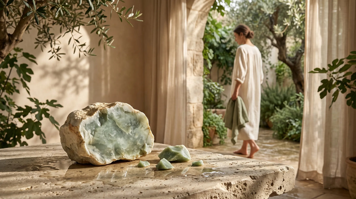 Jade verde natural en bruto sobre una mesa de piedra junto a un jardín mediterráneo