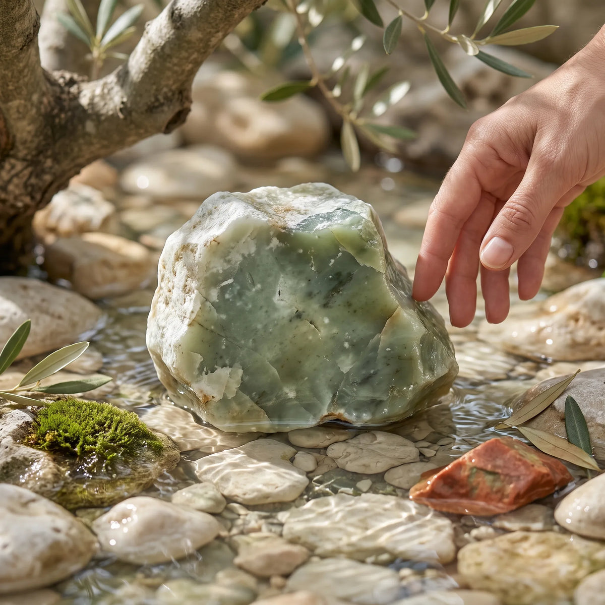 Piedra de jade verde natural en bruto junto al agua, rodeada de piedras y vegetación